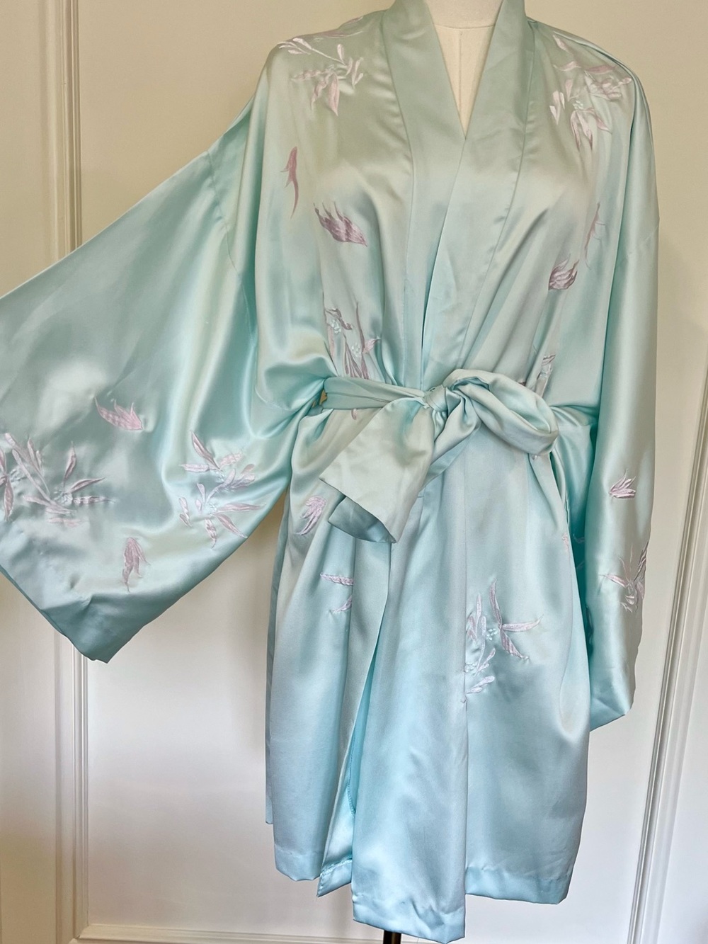 Satin Wrap Robe Kimono Embroidered Seafoam Old Hollywood Coquette Boudoir Slip